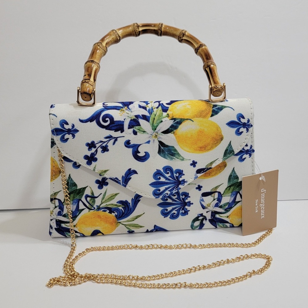 D'margeaux Lemon Print Bamboo Handle Crossbody Bag Blue White Majolica Tile NEW